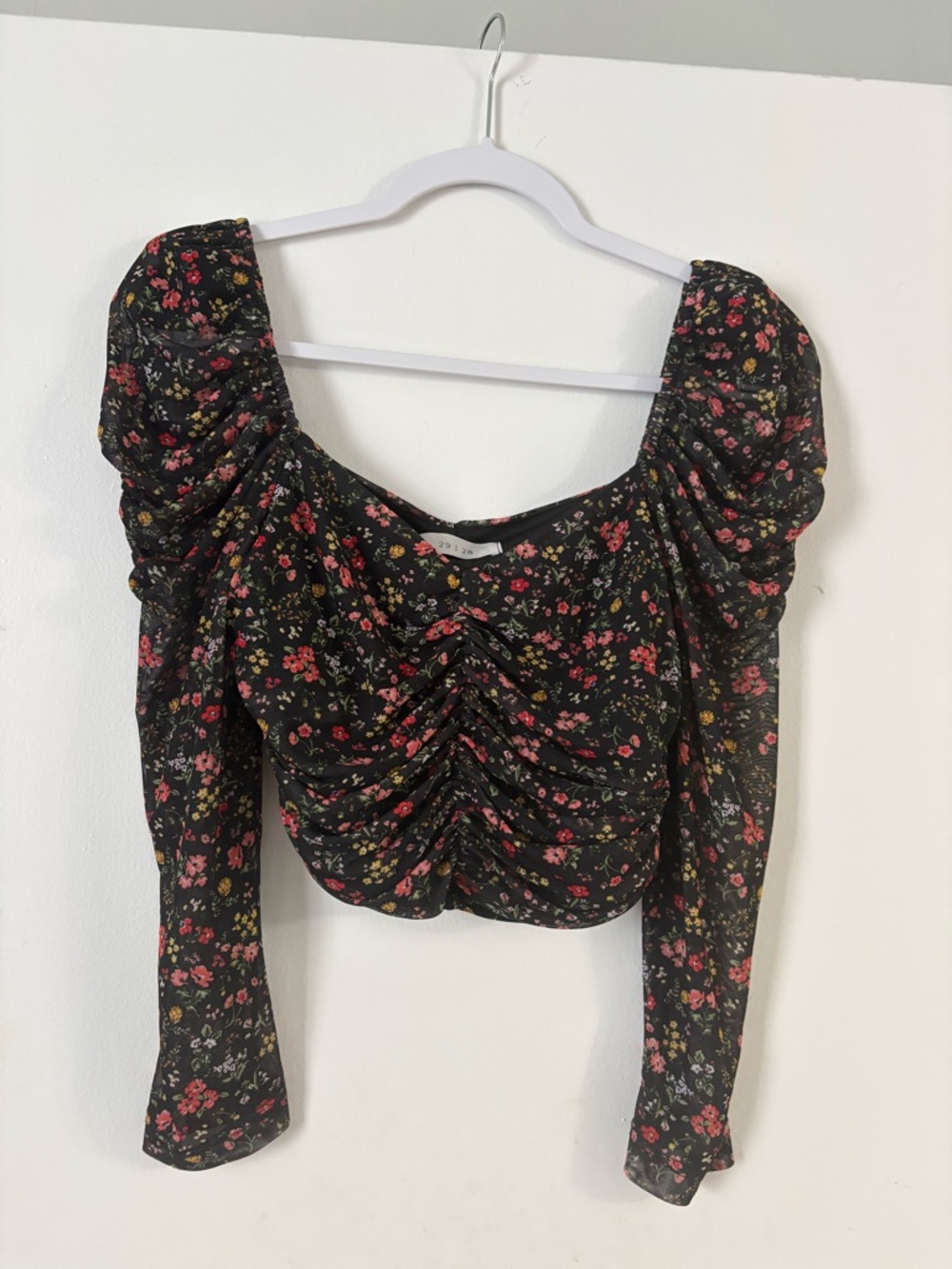 Floral Ruched Puff Sleeve Crop Top - Black with Multicolor Flowers